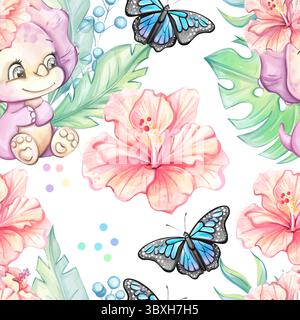 Farbenfrohes, nahtloses Aquarellmuster mit niedlichen Charakteren mit Hibiskusblüten und Schmetterlingen, perfekt für helle Hintergründe und Tapeten Stock Vektor