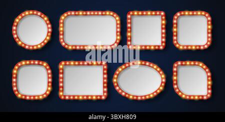 Sammlung roter Retro-Rahmen mit Glühbirnen isoliert auf dunklem Hintergrund. Vektor-3D-Illustration. Stock Vektor