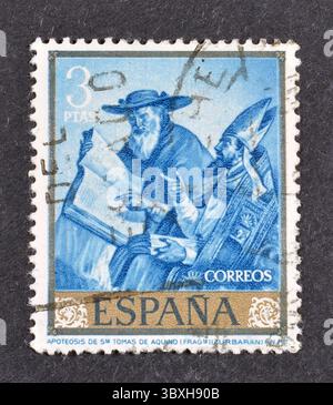 Gestempelte Briefmarke, gedruckt von Spanien, auf der das Gemälde „Apotheose des hl. Thomas von Aquin“ (Detail) zu sehen ist, Briefmarkentag 1962: Francisco de Zurbarán Commem Stockfoto