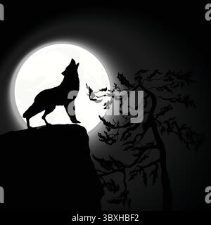 Heulender Wolf in die Nacht Vektor Zeichnung Illustration Stock Vektor