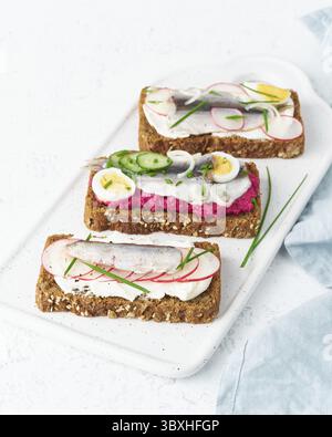 Herzhafter Smorrebrod, traditionelle dänische Sandwiches. Schwarzes Roggenbrot mit Sardellen, Rote Bete, Rettich, Eiern, Frischkäse auf grauer Platte auf weißem s Stockfoto