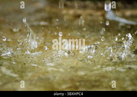 Nahaufnahme von Wassertropfen, die in einer Pfütze spritzen Stockfoto