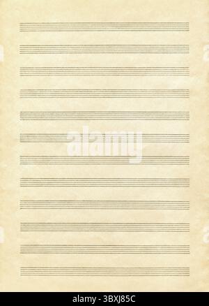 Ein leeres Notenblatt auf Vintage-Farbpapier, bereit für die Komposition Stockfoto