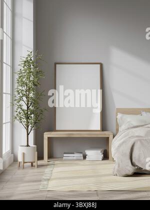 Ein 3D-gerendertes Bild eines modernen minimalistischen Schlafzimmers mit einem leeren Rahmen, Holzmöbeln und natürlichem Licht durch große Fenster Stockfoto