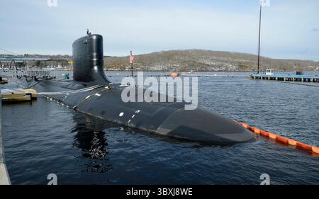 15. März 2018: Groton, CT, Vereinigte Staaten - das U-Boot der Virginia-Klasse der US Navy sitzt pierside vor seiner Inbetriebnahme auf der U-Boot-Basis New London am 15. März 2018 in Groton, Connecticut. (Bild: © Jeffrey M. Richardson/Via ZUMA Wire) Stockfoto
