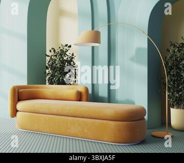 Moderne Einrichtung mit orangefarbenem Sofa und blauen Bögen, 3D-Rendering Stockfoto