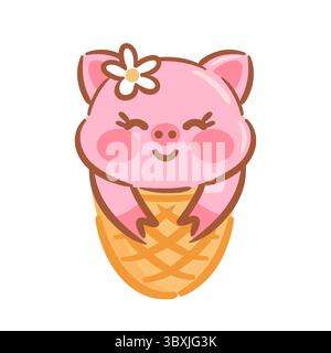 Ein niedliches und verspieltes Schwein in einem Waffelkegel, der Kawaii-Charme verströmt. Die großen ausdrucksstarken Augen und die verspielte Pose sorgen für Freude und machen diese Illustration perfekt Stock Vektor