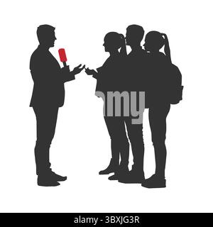 Männlicher Nachrichtenreporter, der Nachrichten berichtet, Anchor, Verankerung der schwarzen Silhouette Illustration Band 09 Stock Vektor