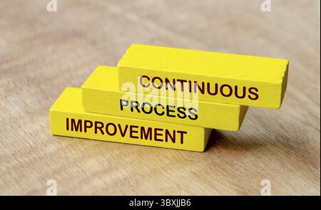 Text zur kontinuierlichen Prozessverbesserung auf gelben Holzblöcken. Geschäftsstrategie und Verbesserungskonzept Stockfoto
