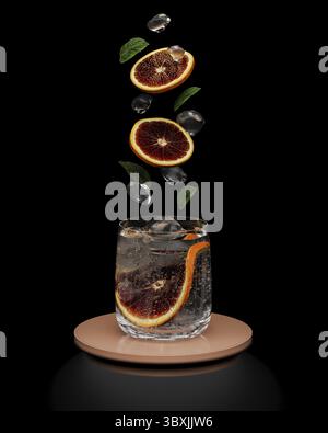 Fruchtscheiben, Minze und Eis fallen in Glas mit Getränk auf schwarzem Hintergrund, Cocktailkonzept, 3D-Rendering Stockfoto