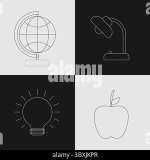 Back to School and Education Icon Set mit Globe, Lampe, Glühbirne und Apple für Lernen und Wissen Stock Vektor