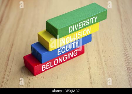 Diversität, Inklusion, Gerechtigkeit und zugehöriger Text auf mehrfarbigen Holzblöcken. D- und I-Konzept Stockfoto