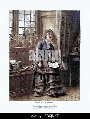 Vintage-Illustration einer jungen Frau, die ein deprimierendes Buch liest, viktorianische 1870er Jahre, 19. Jahrhundert Stockfoto