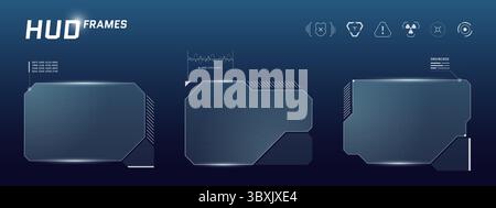 Modernes Sci fi-Dashboard mit holografischem Menü, Videofeld und Schnittstellenfenstern. Cyberpunk-HUD in Blautönen überlagert den Hintergrund des Raums mit Elementen der virtuellen Gamer-Benutzeroberfläche. Stock Vektor