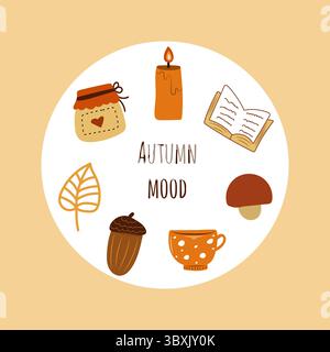 Herbststimmung im runden Rahmen. Kuschelige Elemente im Herbst. Stock Vektor
