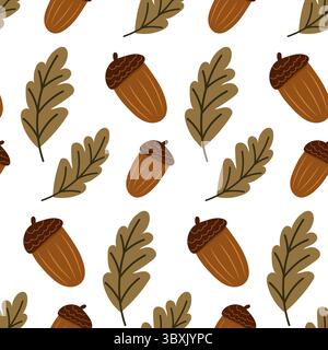 Acorn mit nahtlosem Blattmuster. Niedliche Herbstillustration. Einfaches botanisches Muster. Stock Vektor