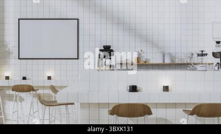 Leerer horizontaler Rahmen in moderner Café-Bar-Innenausstattung mit Holzhockern und Brühgeräten auf Regalen, weiß gefliesten Wänden, 3D Stockfoto