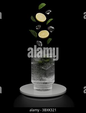 Zitronenscheiben, Eiswürfel und Minzblätter fallen in Glas mit Getränk auf schwarzem Hintergrund, 3D-Rendering Stockfoto
