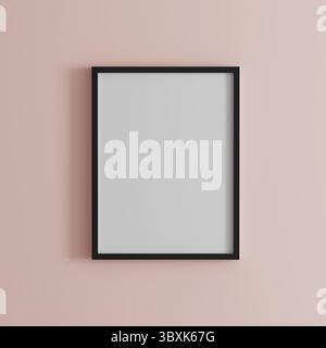 Leerer Rahmen auf hellrosa Wandmotiv, vertikaler schwarzer Posterrahmen an der Wand, Bilderrahmen isoliert an einer Wand, Modell für Bild- oder Fotorahmen, emp Stockfoto