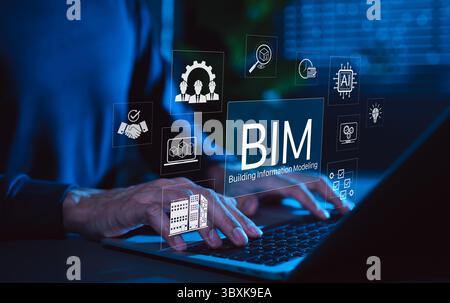 Building Information Modeling (BIM)-Technologiekonzept. Icons BIM, Architektur, Projektkooperation, 3D-Modellierung, KI-Assistent, Baudaten, Stockfoto