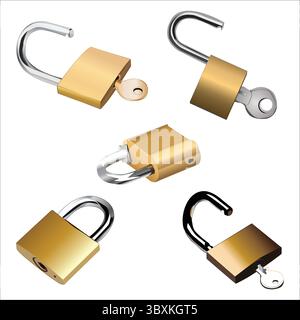 Goldene Abbildung mit Vorhängeschloss auf weißem Hintergrund Stock Vektor
