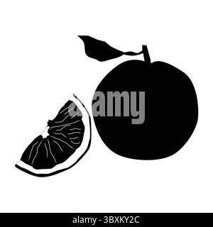 Silhouetten aus Orangenfrüchten mit Blumen und Blättern. Handgezeichnete botanische Designelemente, Symbole, Formen. Schwarze Umrissabbildungen isoliert auf weiß Stock Vektor