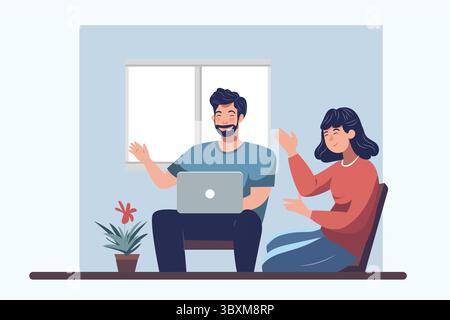 Frau und Mann sitzen in einem Wohnzimmer, während sie einen Online-Anruf entgegennehmen Stock Vektor