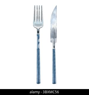 Gabel- und Messerset mit dunkelblauem Griff. Aquarellillustration von Besteck. Silberelemente handbemalt isoliert auf weiß Stockfoto