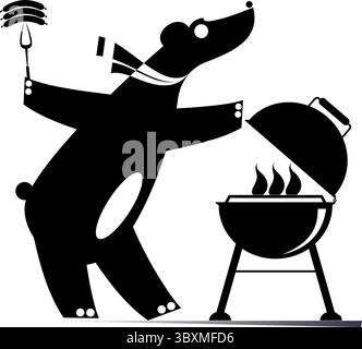 Cartoon Bär bereitet Mahlzeit auf Feuer vor. Fröhlicher Cartoon Bär, der Würstchen und Steaks auf dem Grill frittiert. Schwarzweiß-Illustration Stock Vektor