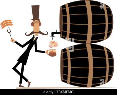 Cartoon-Mann, Würstchen und große Tuns Bier. Ein lustiger Mann mit dem Hut hält eine Gabel mit Würstchen und gießt Bier aus dem tun in den Bierkrug Stock Vektor