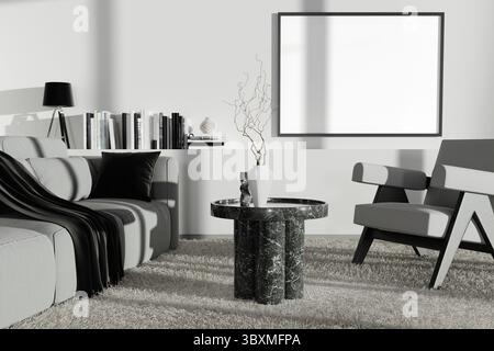 Ein stilvolles und minimalistisches Wohnzimmer mit grauem Sofa, schwarzem Marmortisch und modernen Elementen in einem hellen, sonnendurchfluteten Raum Stockfoto