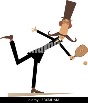 Cartoon-Mann im Tophut, der Pickleball spielt. Der Cartoon-Mann mit dem Oberhut spielt Pickleball. Isoliert auf weißem Hintergrund Stock Vektor