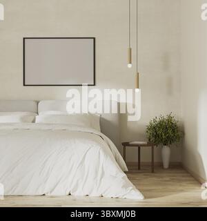 Leerer Bilderrahmen über dem Bett im modernen Schlafzimmer, 3D-Rendering Stockfoto