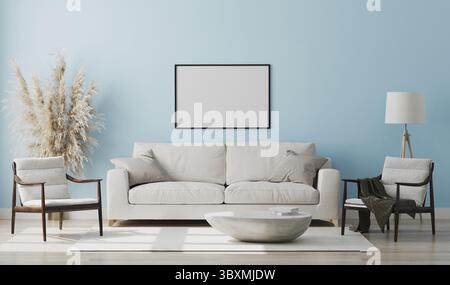 Leerer Bilderrahmen im hellblauen Innenraum, 3D-Rendering Stockfoto