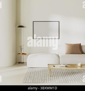 Leerer Bilderrahmen im minimalistischen Wohnzimmerinneren mit geschwungener Wand, Sofa mit Kissen und beigefarbenen Putzwänden. Innenmodell, 3D-Rendering Stockfoto