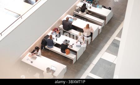 Offener Coworking-Raum mit jungen Menschen, die an einem Laptop arbeiten, in einem gemeinsamen Umfeld Stockfoto