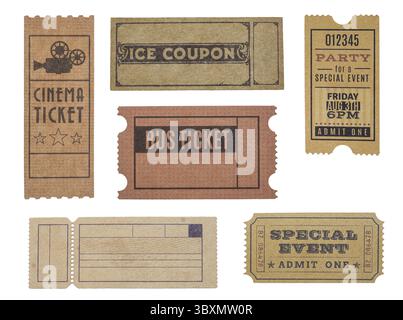 Alte Vintage-Tickets isoliert auf weißem Hintergrund Stockfoto