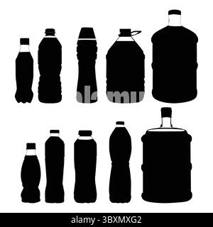 Set aus Kunststoff-Flasche mit Schraubverschluss, transparent, zur Wasserspeicherung, Schwarz Silhouette Vol. 01 Stock Vektor