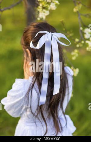 Ein schönes Mädchen in einem weißen Kleid mit einer weißen Schleife in langen dunklen Haaren steht im Frühling unter den blühenden weißen Bäumen. Rückansicht Stockfoto