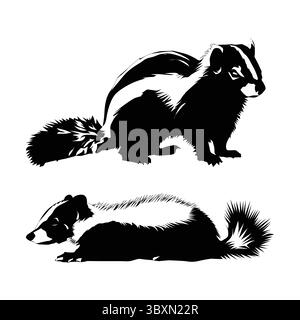 Set aus Skunk-Silhouette, Schwarz und weiß mit weißem Hintergrund Vol 03 Stock Vektor