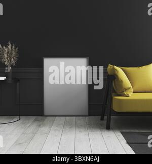 Blank vertikalen Posterrahmen Mock up stehen auf weißem Holzboden in dunklen modernen Innenraum Hintergrund mit schwarzer Wand und gelben Sofa, leeren Rahmen in Stockfoto