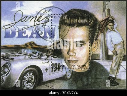 ST. THOMAS AND PRINCE ISLANDS - CA. 1994: Eine auf St. Thomas and Prince Islands gedruckte Briefmarke zeigt James Dean (1931–1955), ca. 1994 Stockfoto