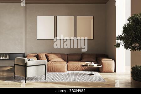 Drei leere Posterrahmen an beigefarbenen Wänden im Wohnzimmerinneren mit modernen Möbeln, Kamin und Ledersofa und Sessel, 3D-Putz Stockfoto