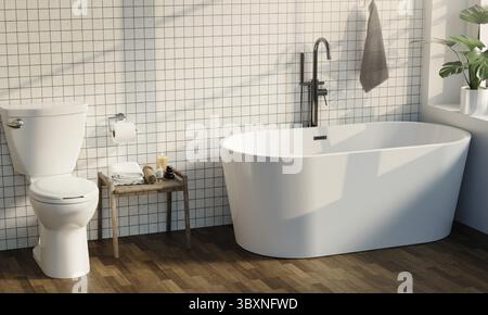 Ein stilvolles Badezimmer mit freistehender Badewanne, gefliesten Wänden und rustikalen Holzelementen, ideal für moderne Wohnkultur und Renovierungsprojekte Stockfoto
