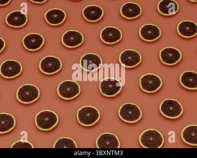 Orangefarbene Oberfläche mit Graipfruitscheiben bedeckt, geometrischer Hintergrund der Frucht, flach, 3D-Rendering Stockfoto