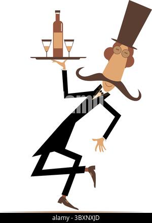 Ein komischer Mann trägt ein Tablett mit einer Flasche und zwei Gläsern. Langer Schnurrbart im Oberhut trägt ein Tablett mit Alkoholgetränk und Gläsern Stock Vektor