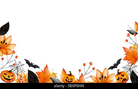 Vorlage mit Kürbissen, abstrakten schwarzen und orangen Blumen, Spinnennetzen mit Platz für Text in der Mitte. Weißer Hintergrund. Handgezeichnet, Aquarellstil, Halloween-Thema. Stockfoto