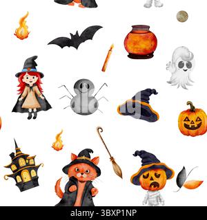 Nahtloses Aquarellmuster mit Hexe, Geist, Zombie, oranger Katze und Fledermaus auf weißem Hintergrund. Perfekt für gruselige Einladungen, Kinderdekor, Urlaubsprojekte. Stockfoto