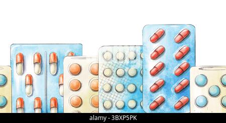 Nahtlose Grenze mit verschiedenen Blistern mit mehrfarbigen Tabletten, Pillen und Kapseln.Aquarellillustration mit Umriss auf weißem Hintergrund.Konzept Stockfoto