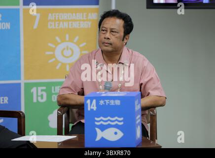 8. Juni 2017 - New York, NY, Vereinigte Staaten von Amerika - Vereinte Nationen, New York, USA, 08. Juni 2017 - Tommy Esang Remengesau, Jr., Präsident der Republik Palau, spricht während einer Podiumsdiskussion in der SDG Media Zone während der heutigen Ocean Conference im UN-Hauptquartier in New York City. (Foto: © Luiz Rampelotto/ZUMA Press Wire) Stockfoto